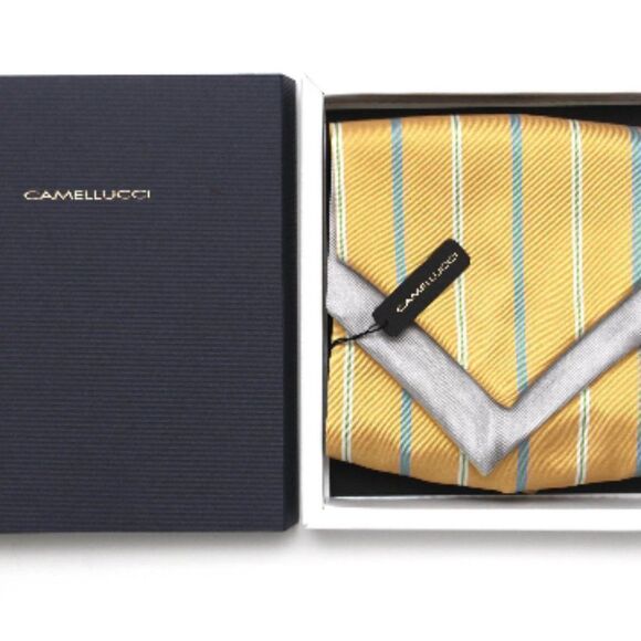 Men's‎ Cravat Ascot Yellow Grey Reversible 100%Silk Gift Box A115 - Picture 2 of 11